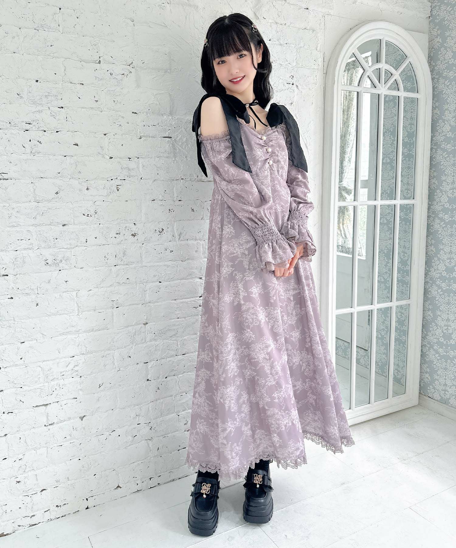 肩リボン花柄ロングワンピース | Rlab store