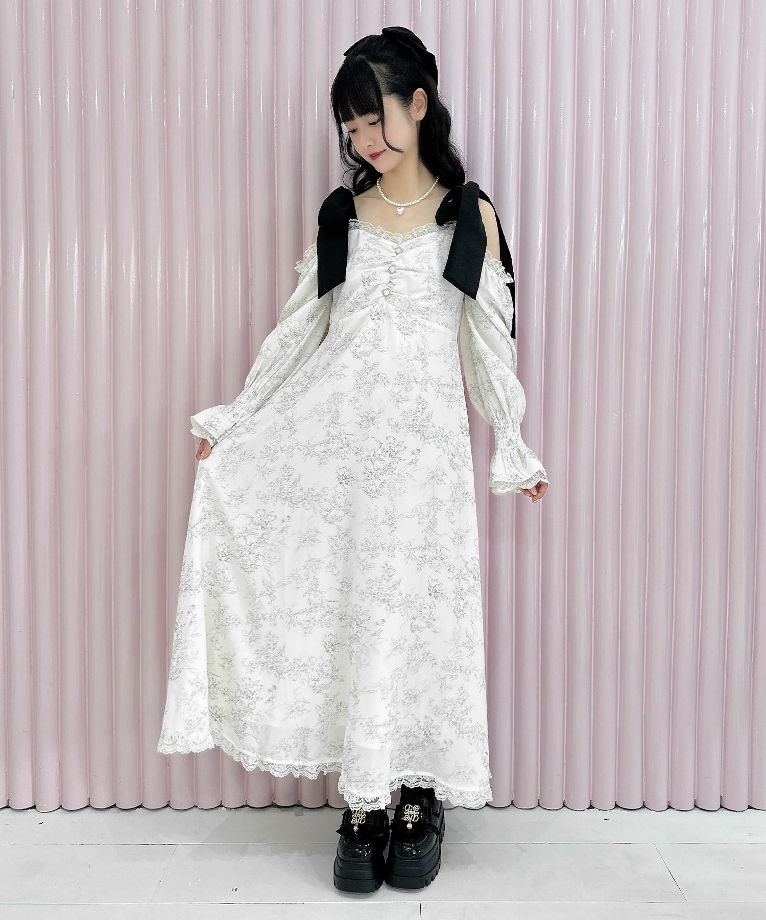 肩リボン花柄ロングワンピース | Rlab store