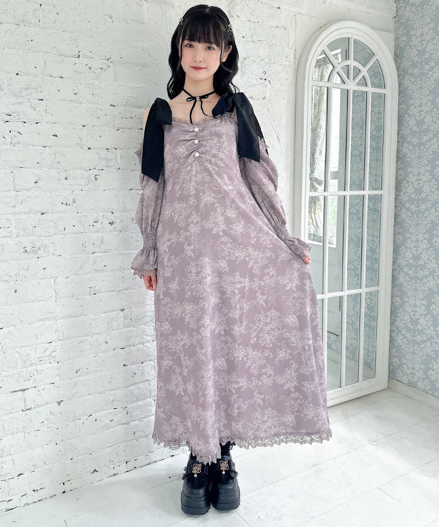 肩リボン花柄ロングワンピース | Rlab store