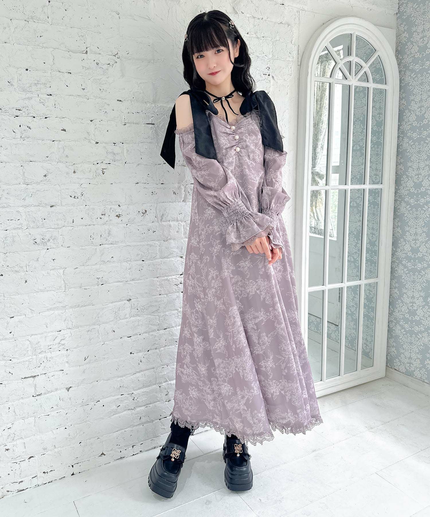 肩リボン花柄ロングワンピース | Rlab store
