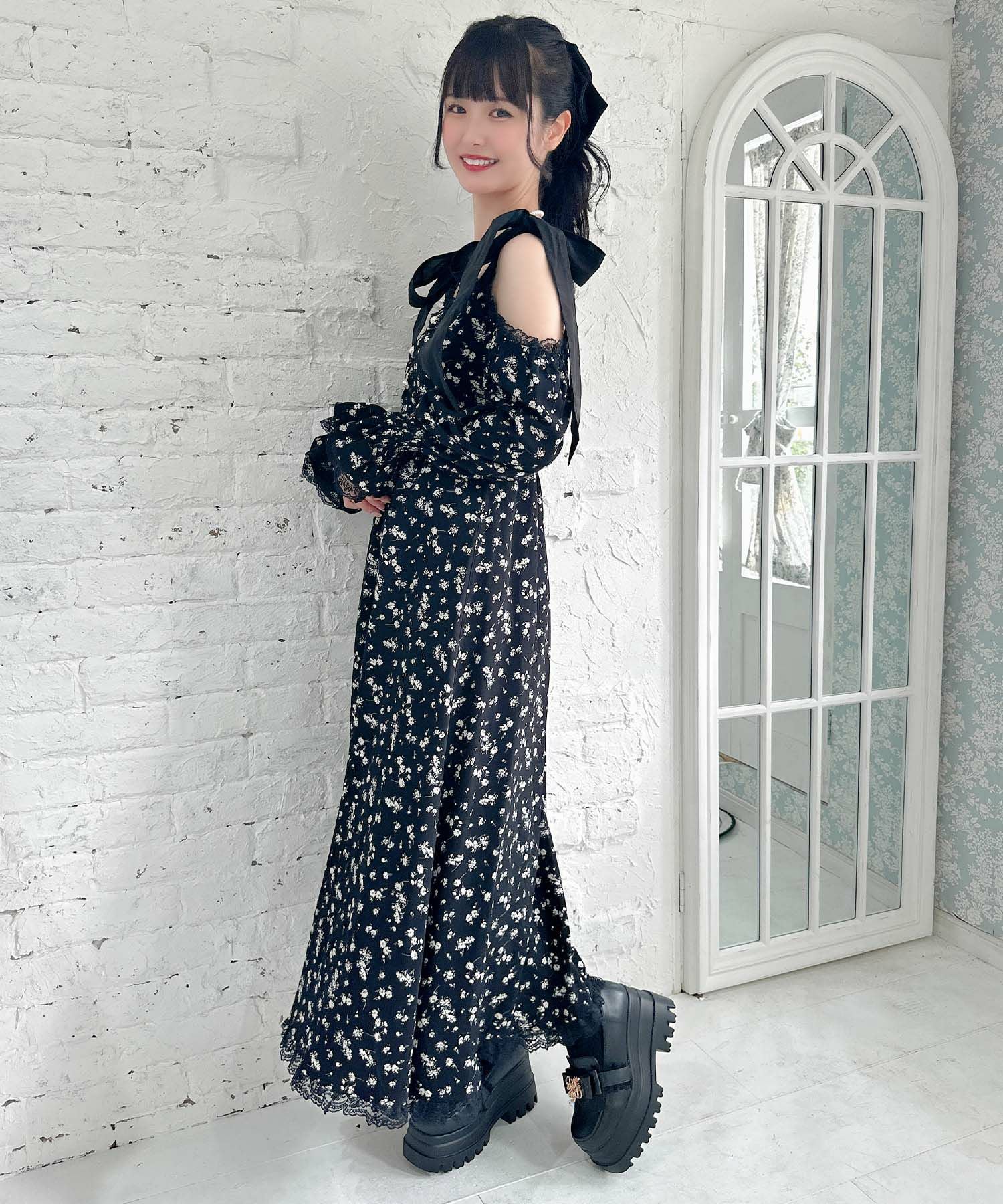 肩リボン花柄ロングワンピース | Rlab store