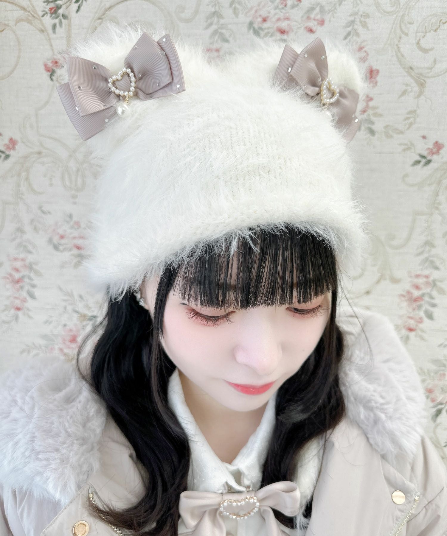 CIRQUTURE ウール パールリボン猫耳 キャプ MADE IN JAPAN ビジュリボン付猫耳ニット帽 | Rlab store