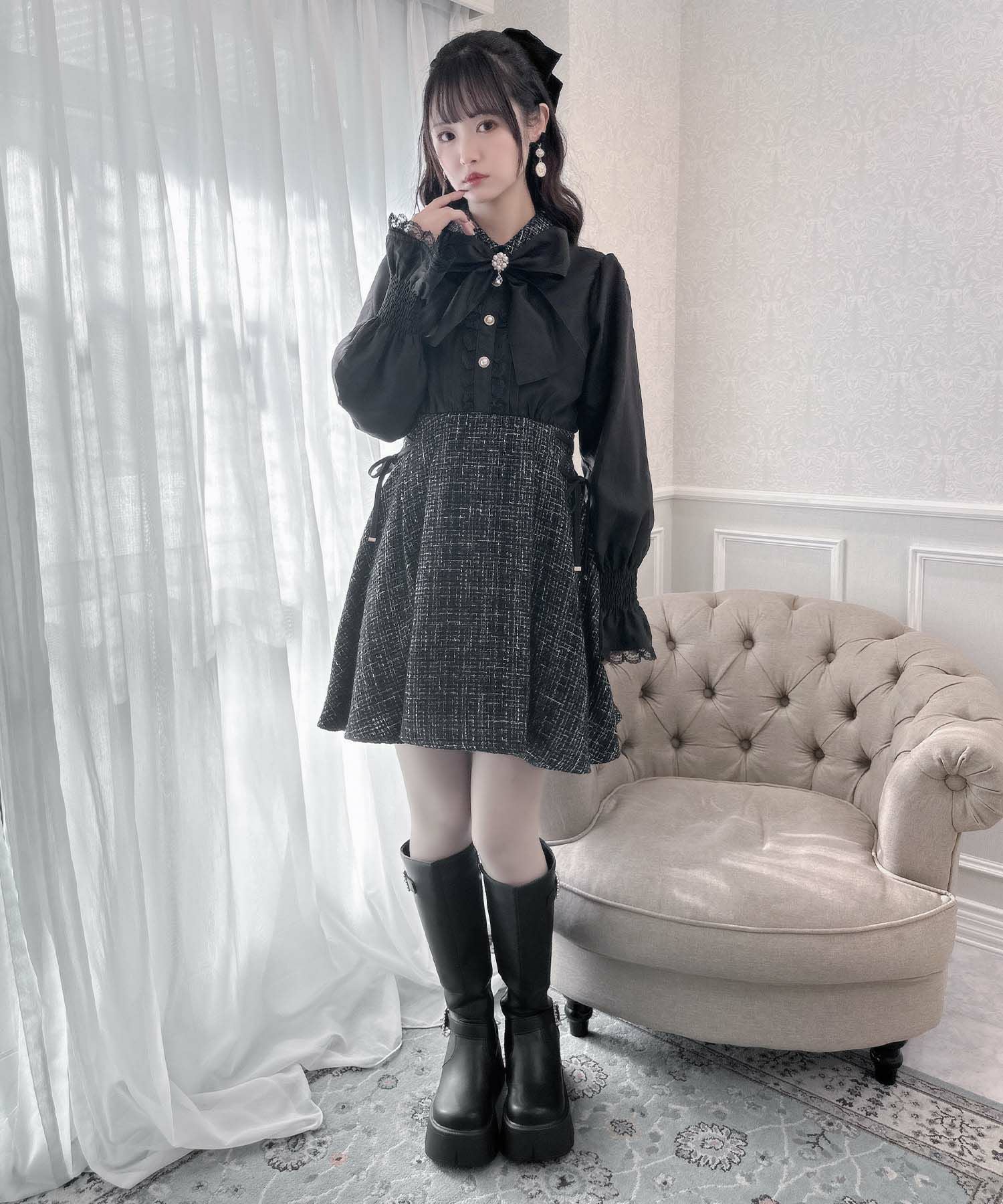 ボウタイリボンツイードドッキングワンピース | Rlab store