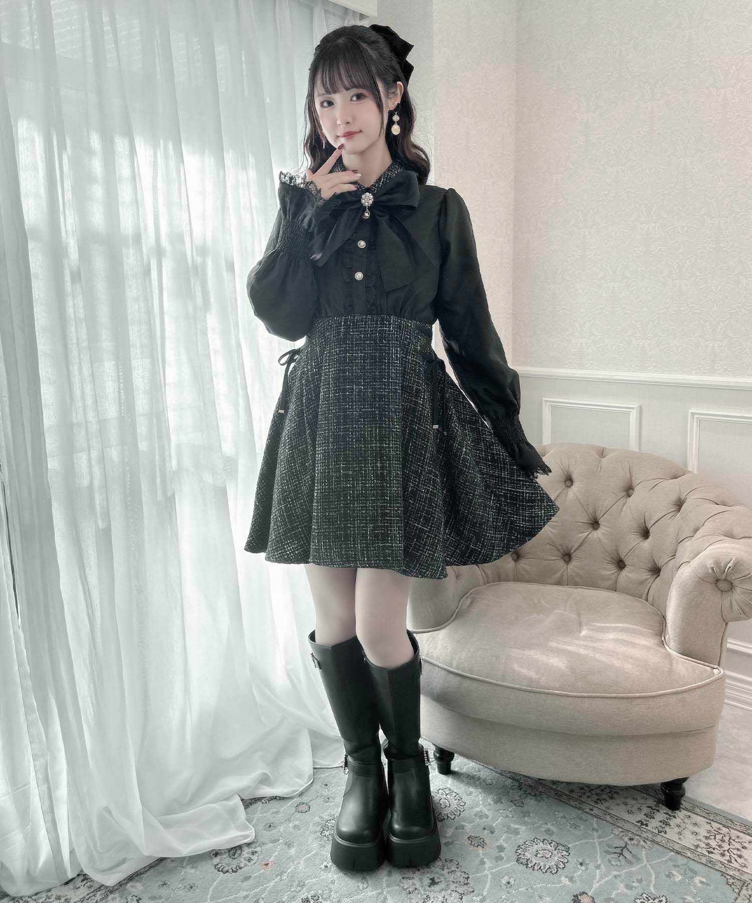 ボウタイリボンツイードドッキングワンピース | Rlab store