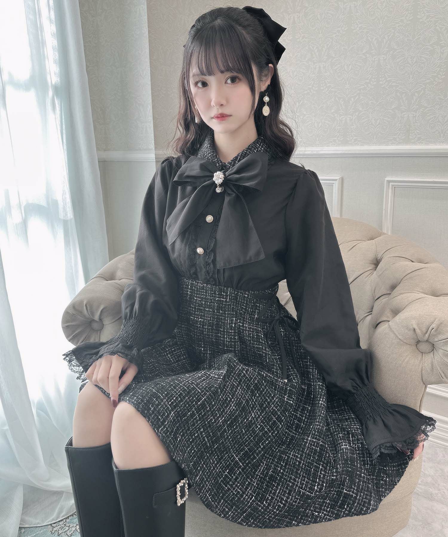 ボウタイリボンツイードドッキングワンピース | Rlab store