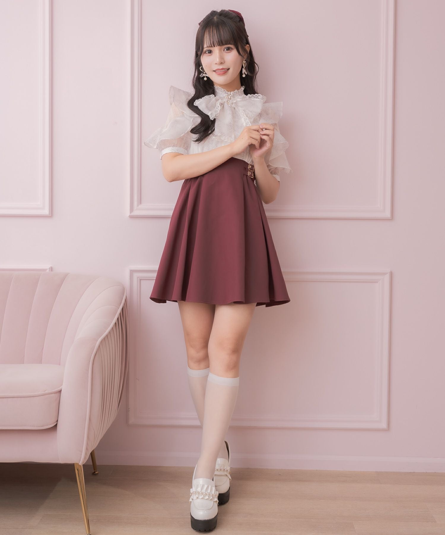 ルネ ひざ丈ワンピース リボン ボウタイ ピンク 38 花柄ボウタイドッキングワンピース | Rlab store