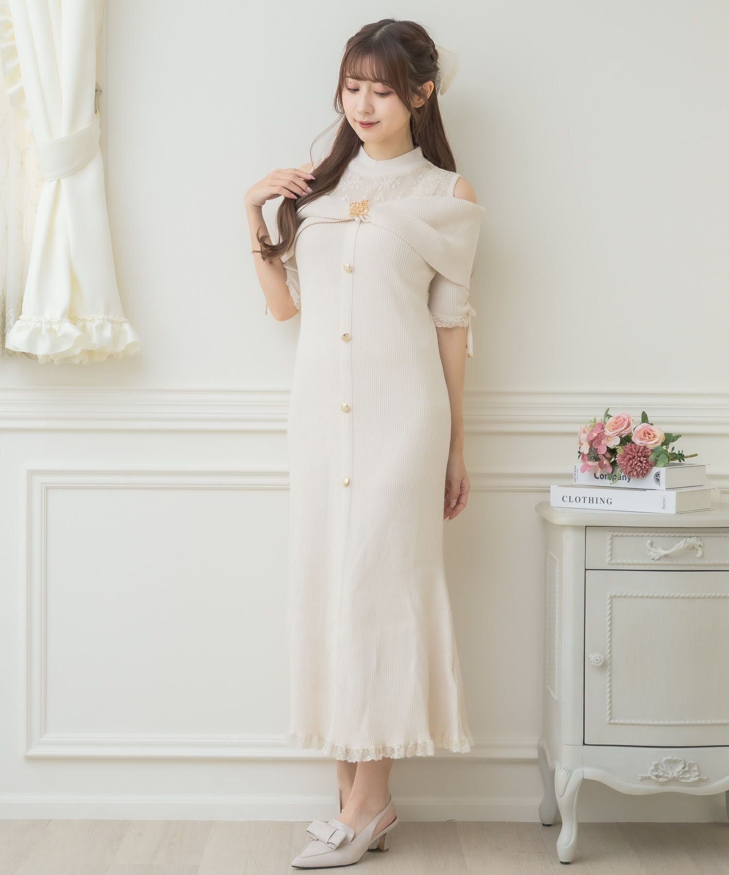 ニットワンピース4-5 肩開きツイストリボンニットワンピース | Rlab store