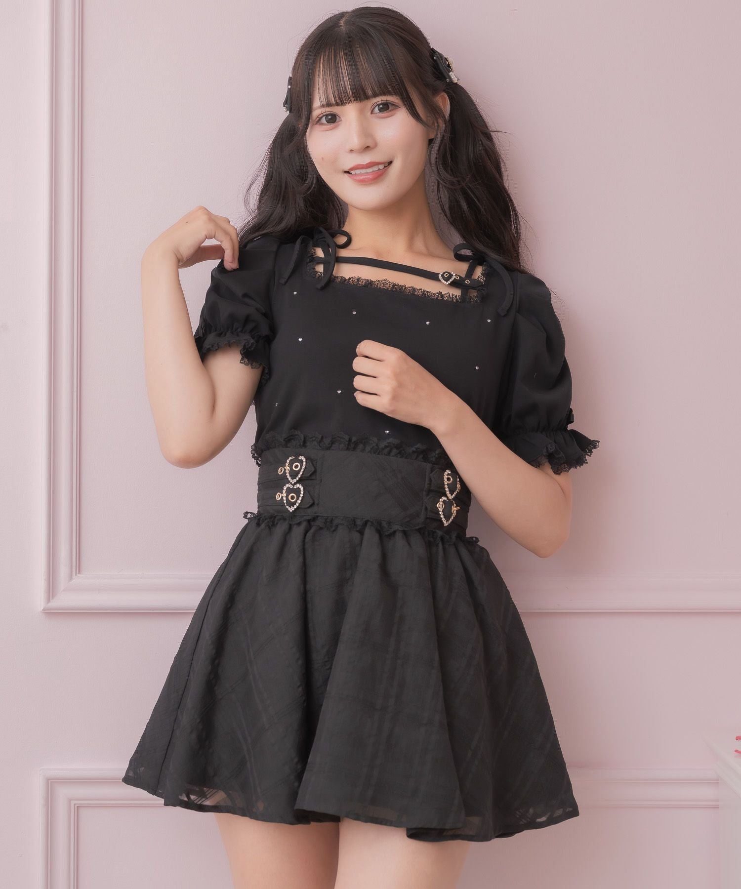 R♡　レディース　BLK XS ハートバックルシアーチェックスカート | Rlab store
