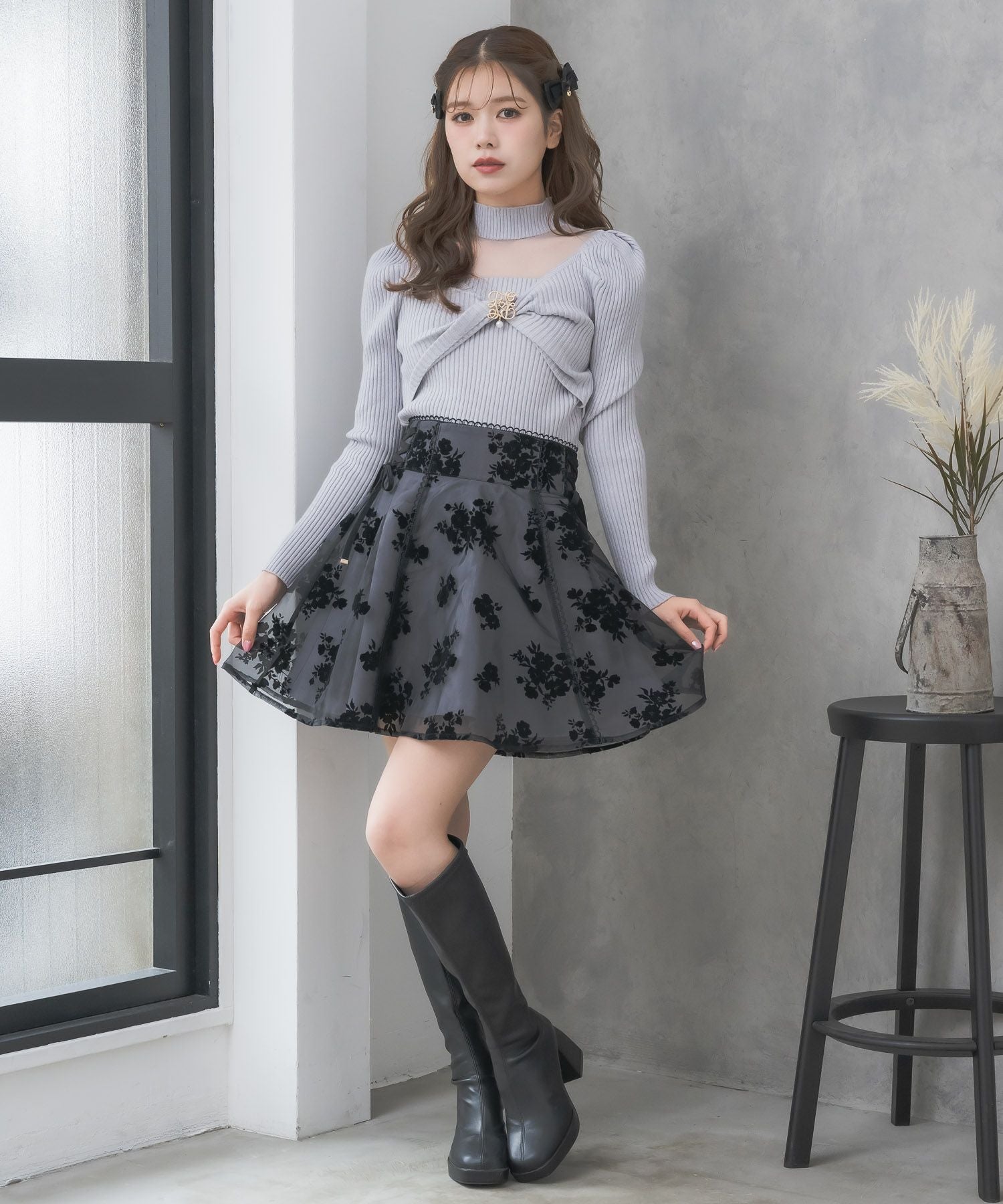 シアーデコルテ刺繍リブニット セール】【新色追加】シアーデコルテツイストリボンニット（ニット