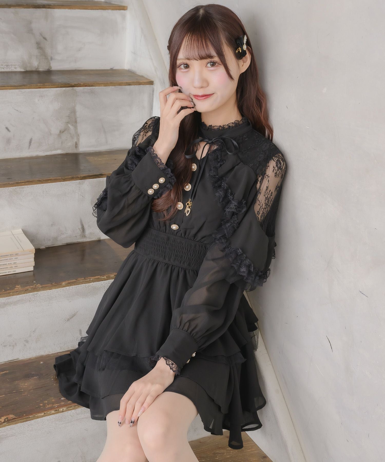couture BY ROJITA 花柄ワッフルワンピース　黒 ラッフルティアードフレアミニワンピース | Rlab store