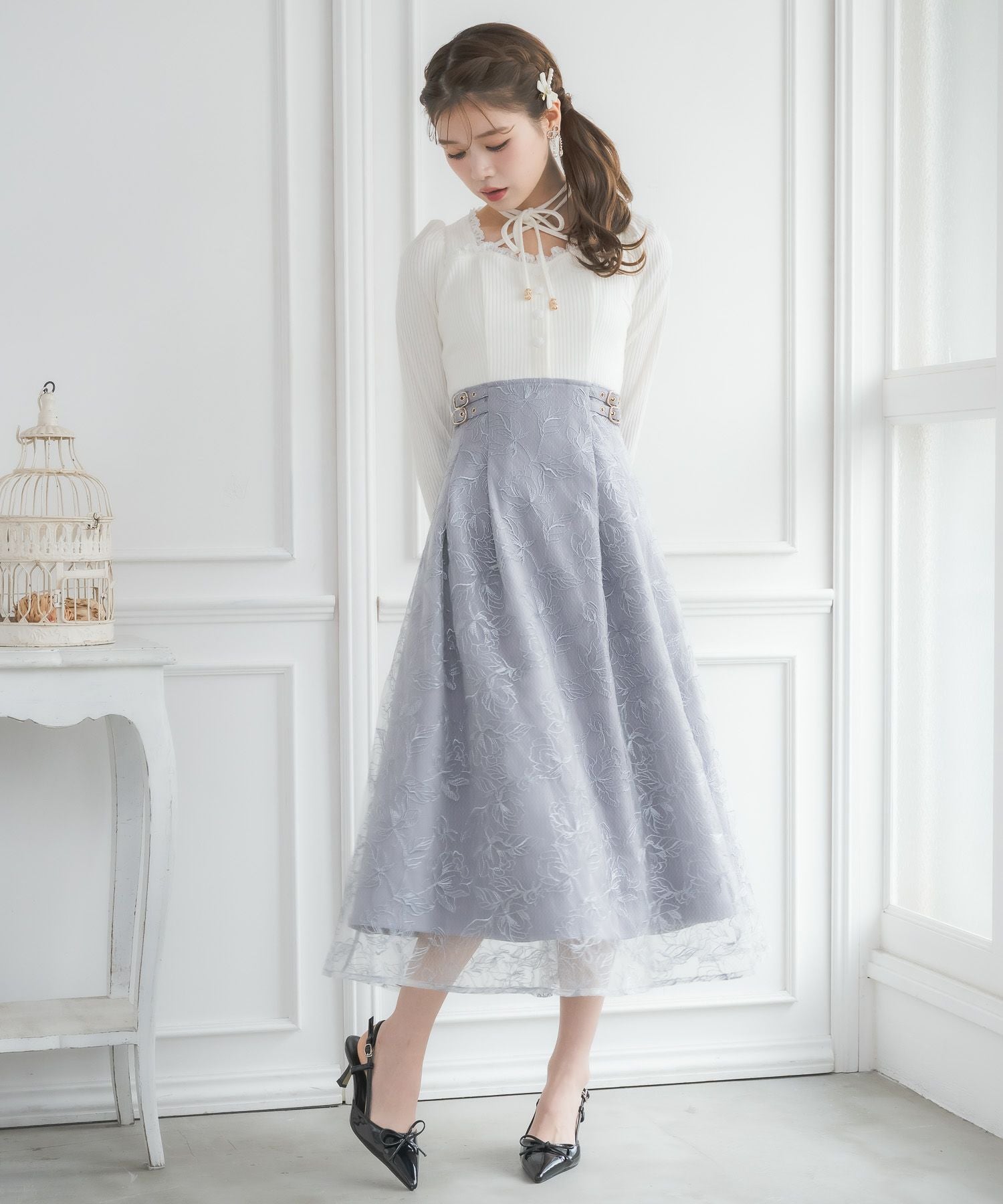 フラワー刺繍ドッキングワンピース | Rlab store