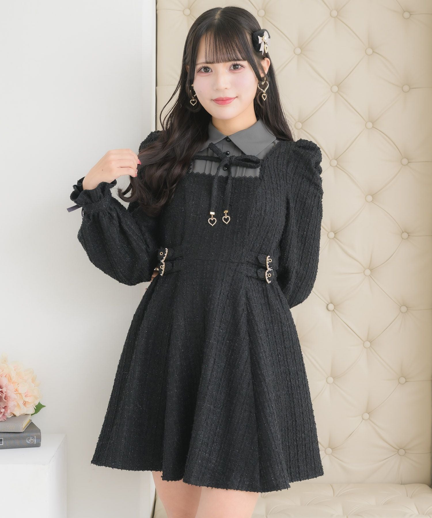 R　leja ワンピース　黒　ツイード　ゴールドラメ　M レイヤードラメツイードワンピース | Rlab store