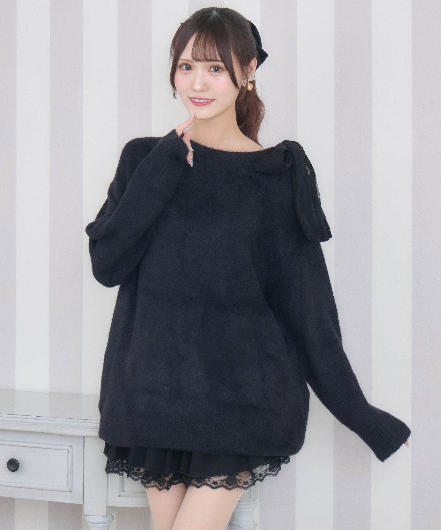♡ ︎︎☁さま専用 ♡ 肩リボンニットミニワンピース | Rlab store