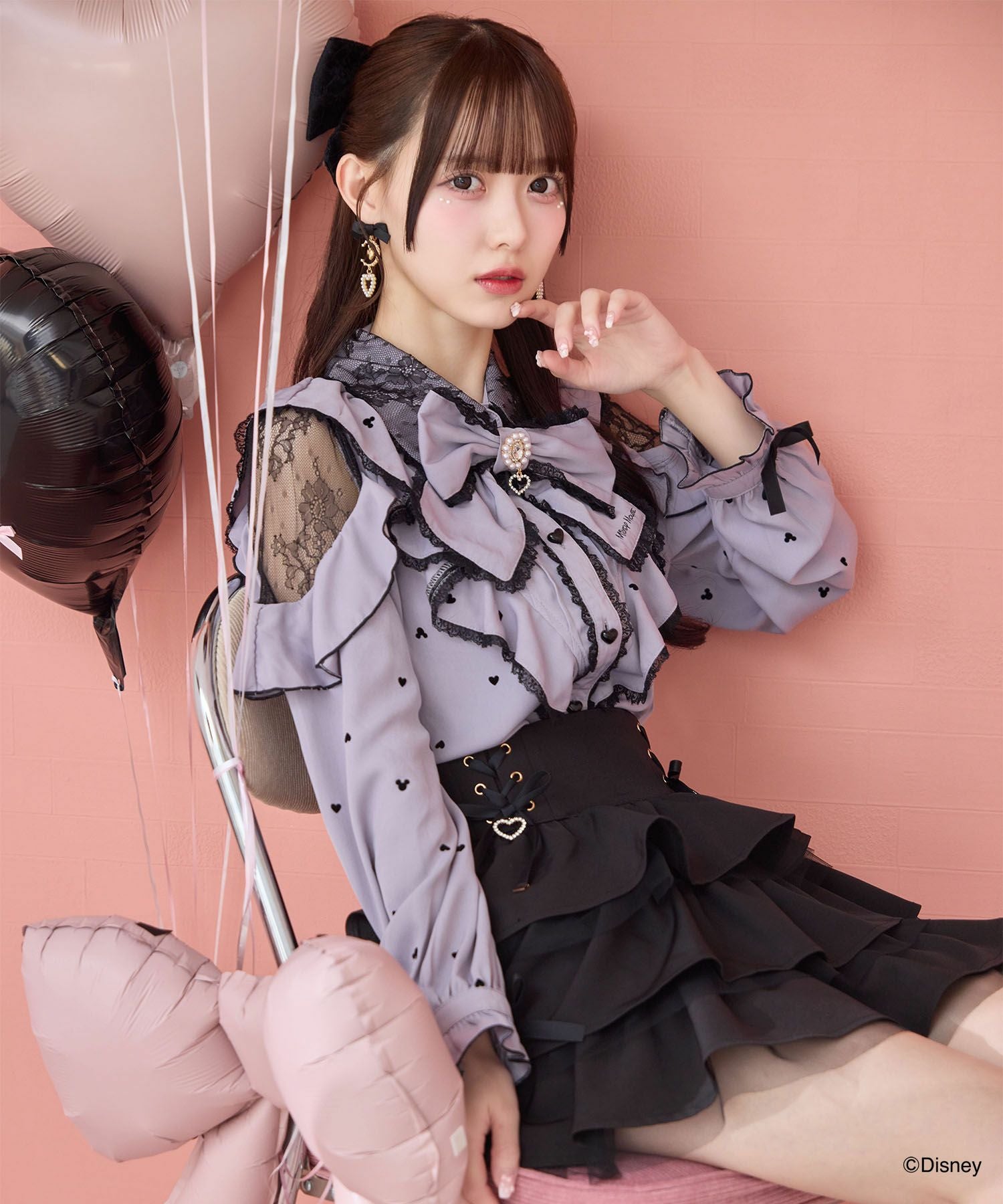 美品 OTOAA フロッキー プリントブラウス マスタード FREE オトアー ミッキーマウスデザインフロッキープリントブラウス | Rlab store