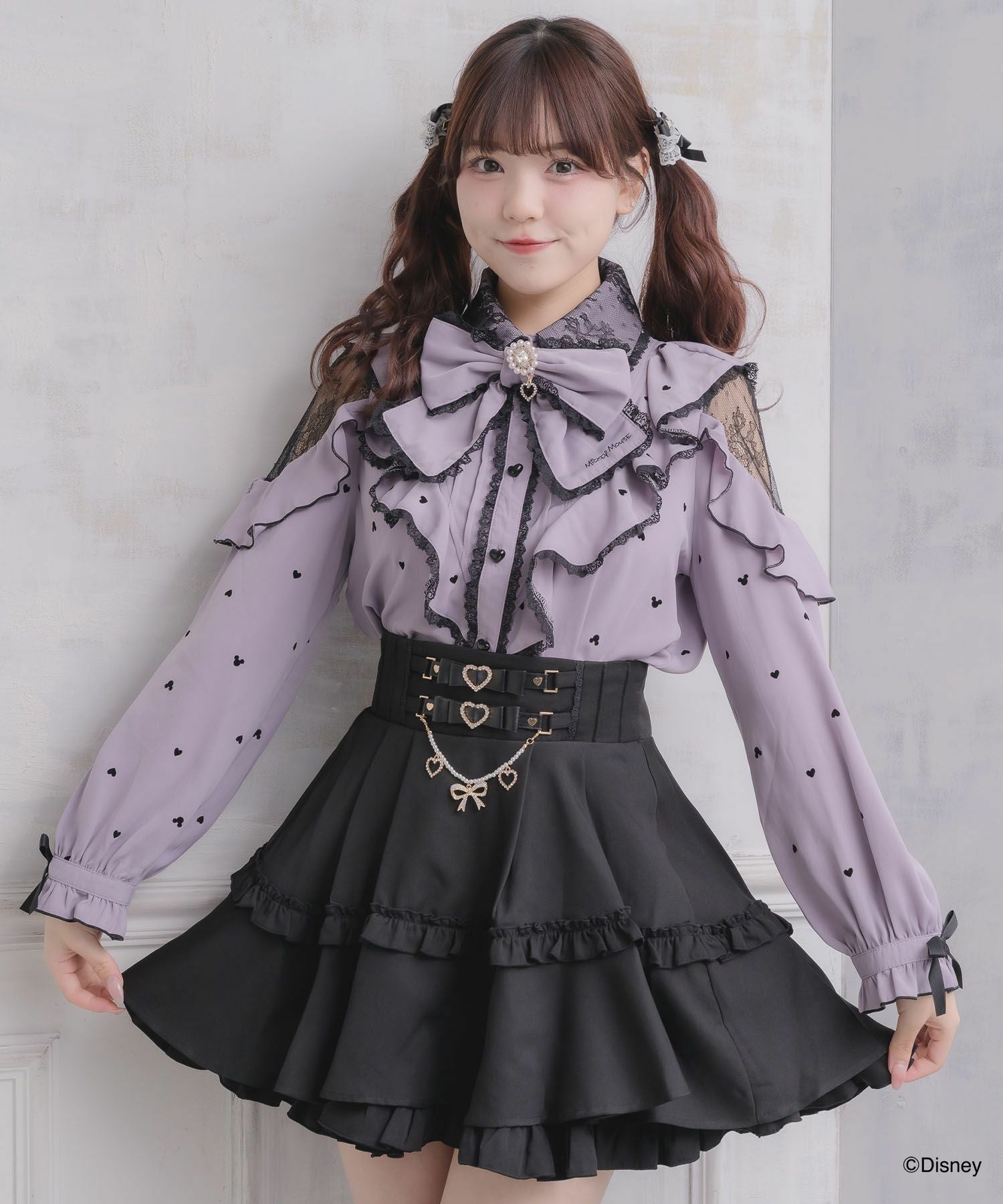 美品 OTOAA フロッキー プリントブラウス マスタード FREE オトアー ミッキーマウスデザインフロッキープリントブラウス | Rlab store