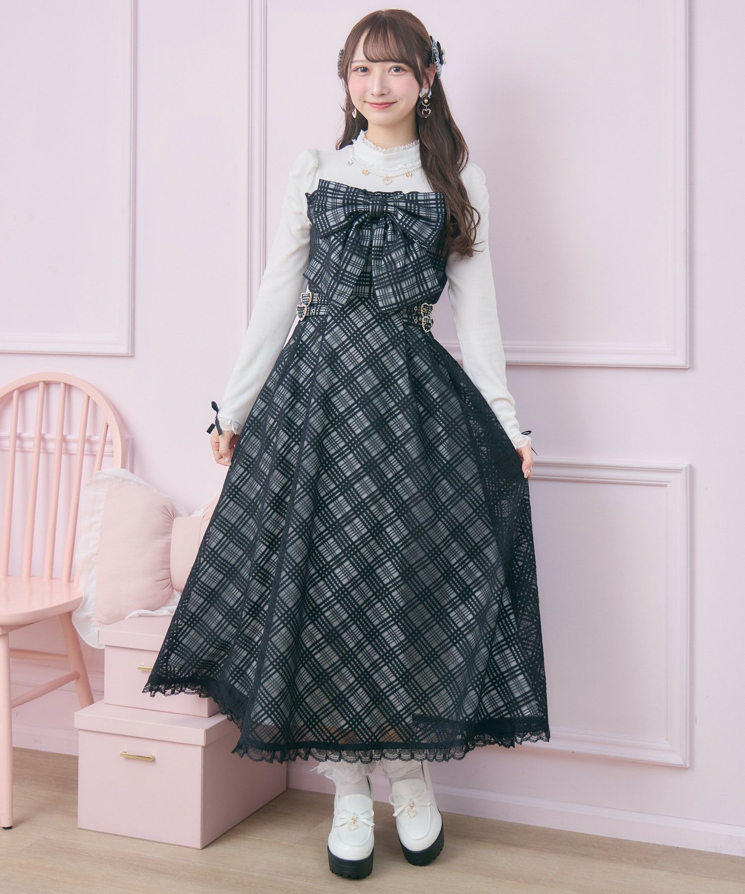 リボンベルト✨ハーバリーロンドン　ノバチェック　ラメロングワンピース　Lサイズ ビッグリボン長袖ロングワンピース | Rlab store