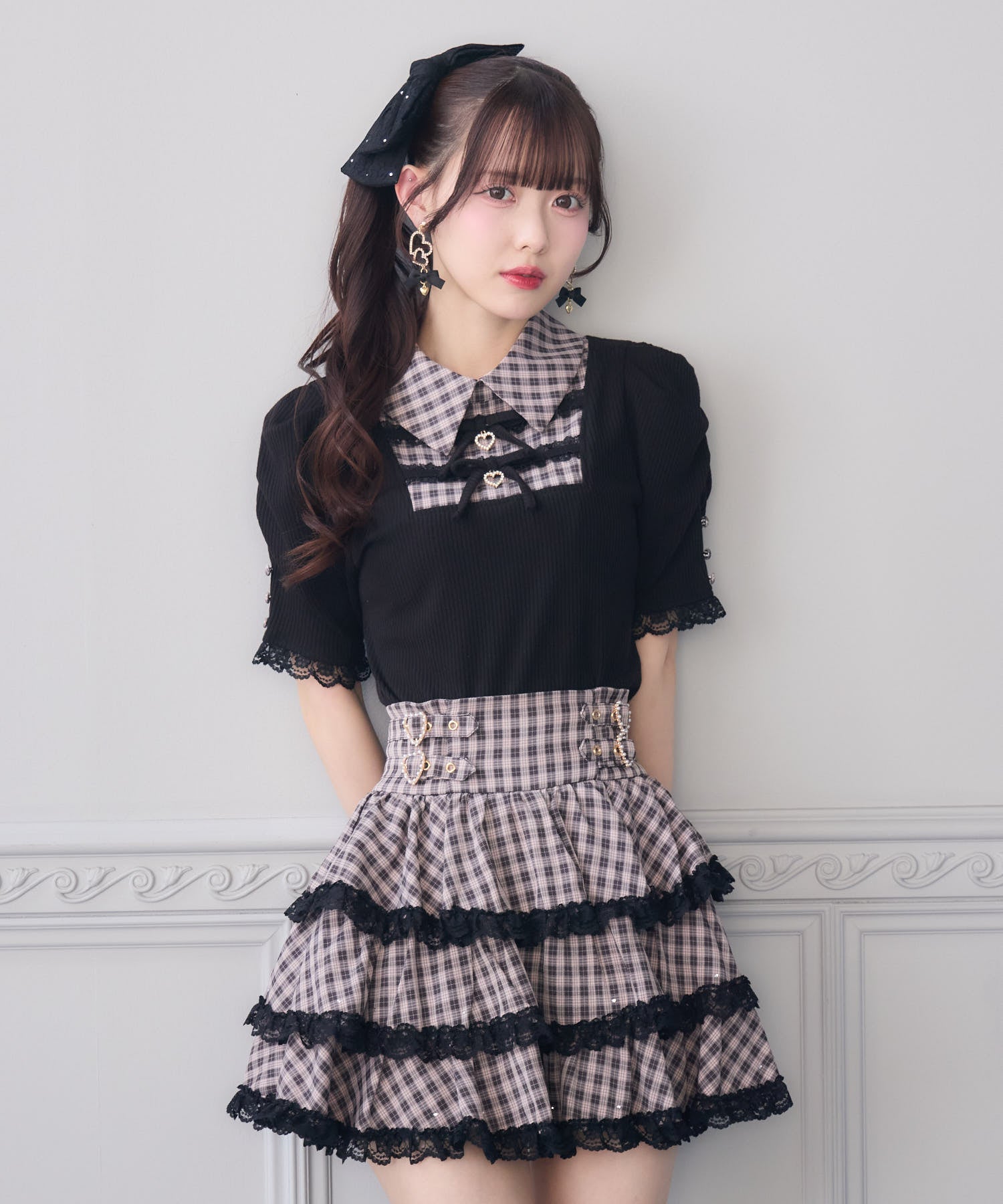 ROJITA ダブルリボン配色レイヤードトップス ビジューティアードスカート キラキラビジューティアードスカート | Rlab store