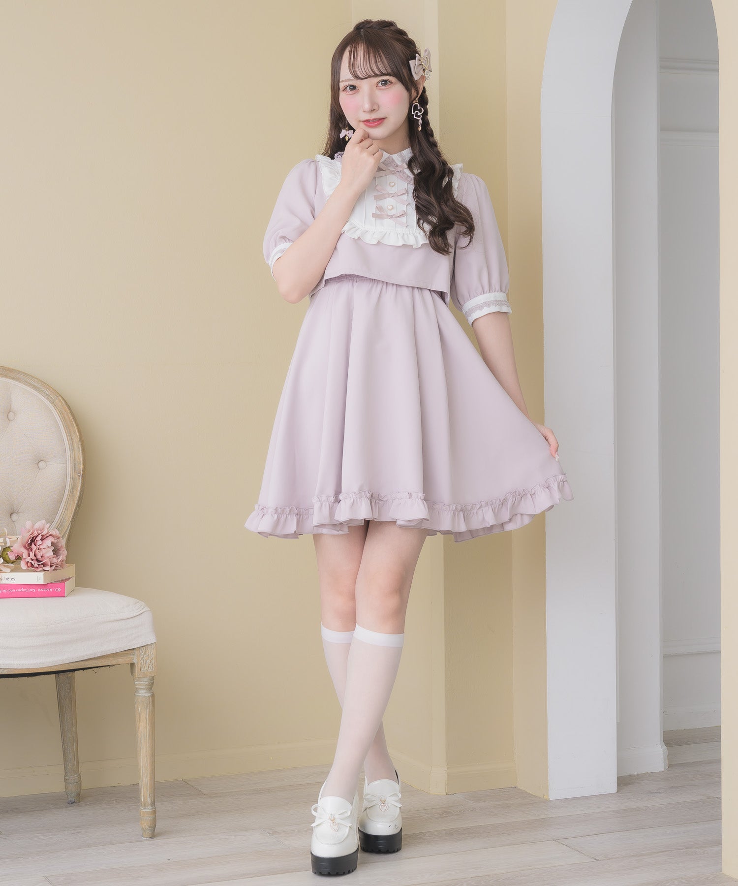美品✨Rene 袖リボンワンピース 36 ピンクベージュ系 ひざ丈 ボックス トリプルリボンデザインワンピース | Rlab store