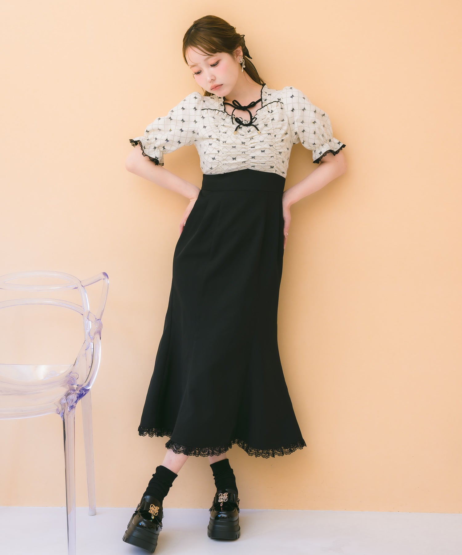 リボンプリントドッキングワンピース | Rlab store