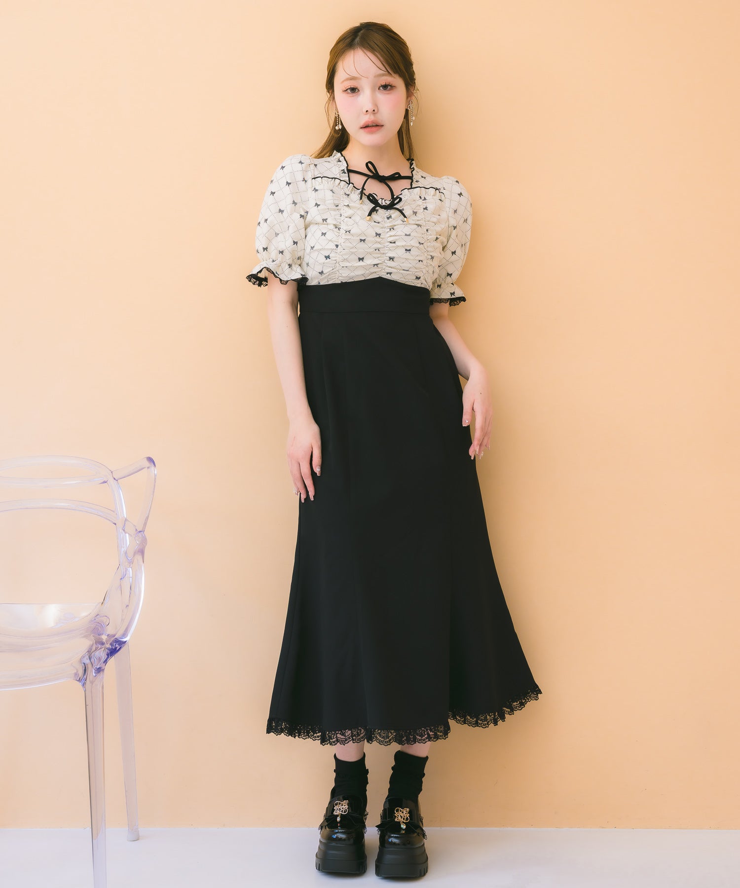 リボンプリントドッキングワンピース | Rlab store