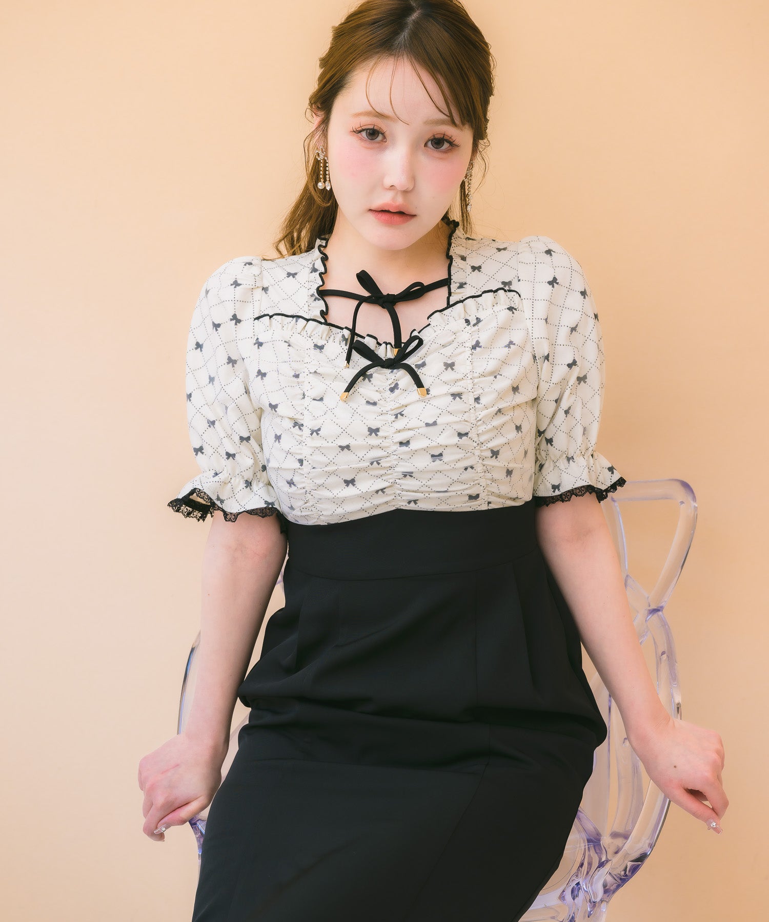 リボンプリントドッキングワンピース | Rlab store