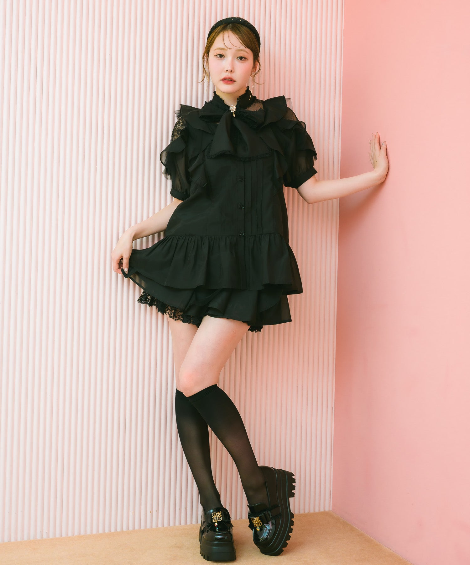 プラージュ 21SS シャツ ハーフボタン チュニック シアー TU 黒 ROPÉ PICNIC(ロペピクニック) / バンドカラーポケットシアーシャツ