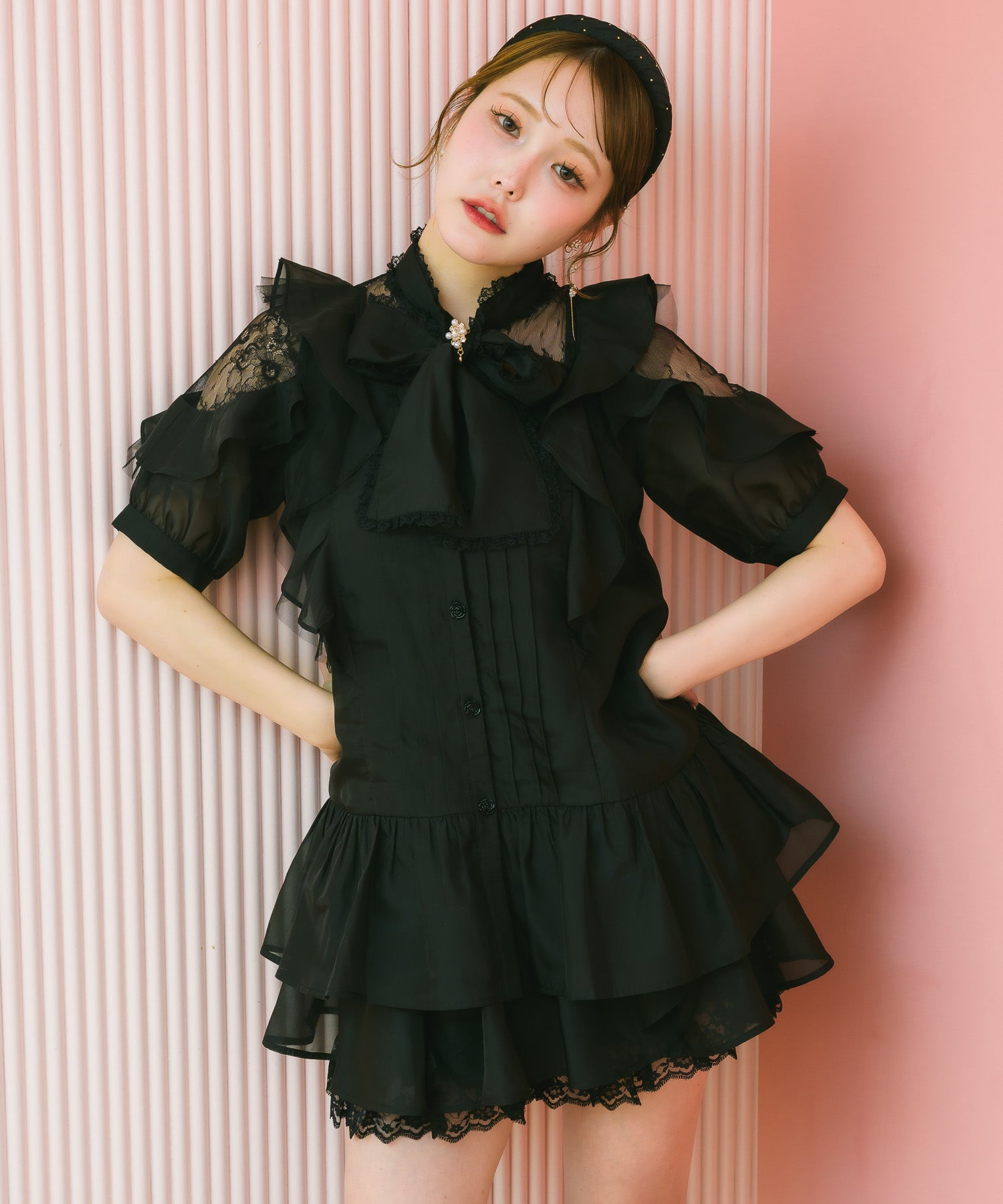 プラージュ 21SS シャツ ハーフボタン チュニック シアー TU 黒 ROPÉ PICNIC(ロペピクニック) / バンドカラーポケットシアーシャツ