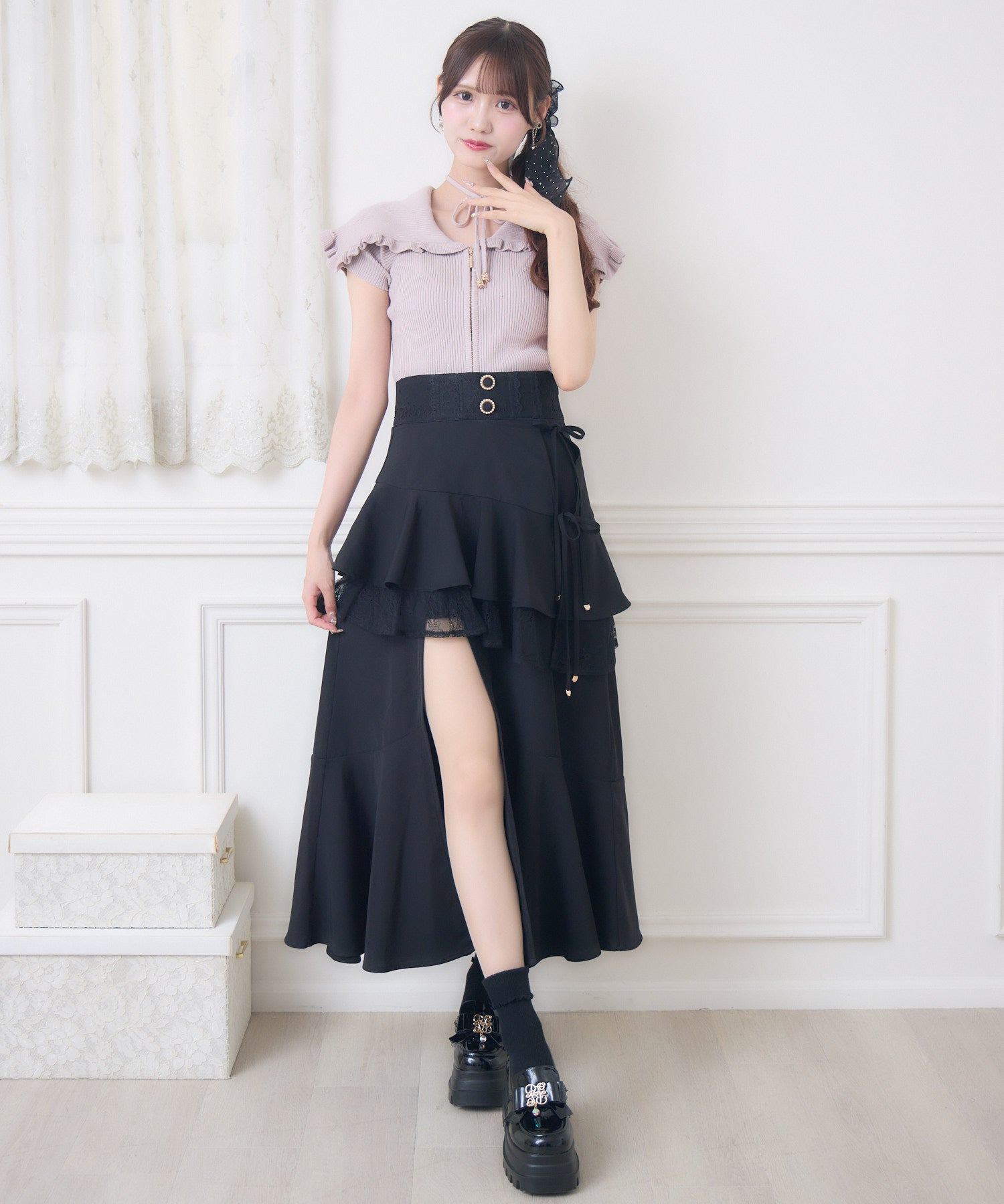 レースフリルスリットロングスカート | Rlab store