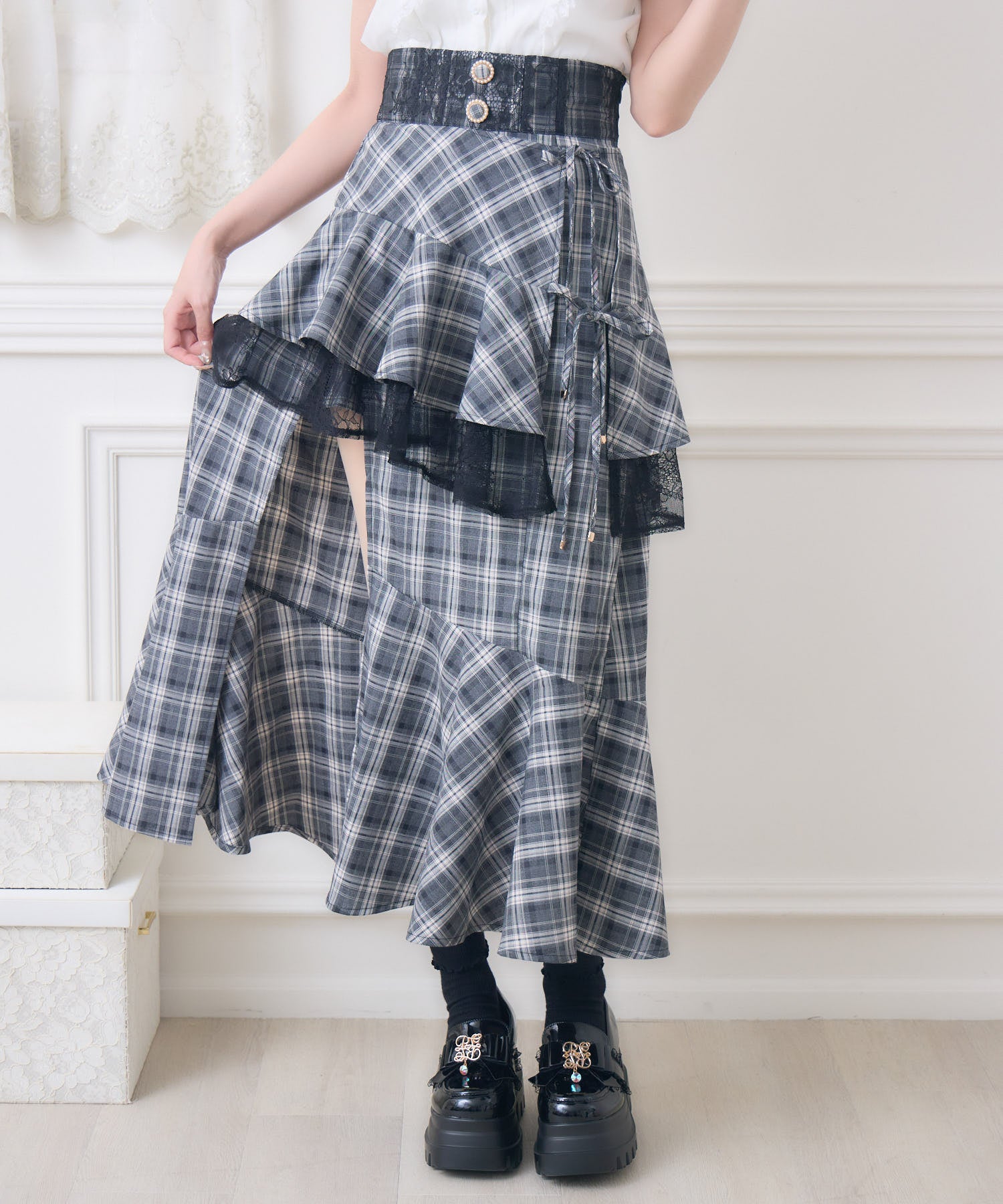 レースフリルスリットロングスカート | Rlab store