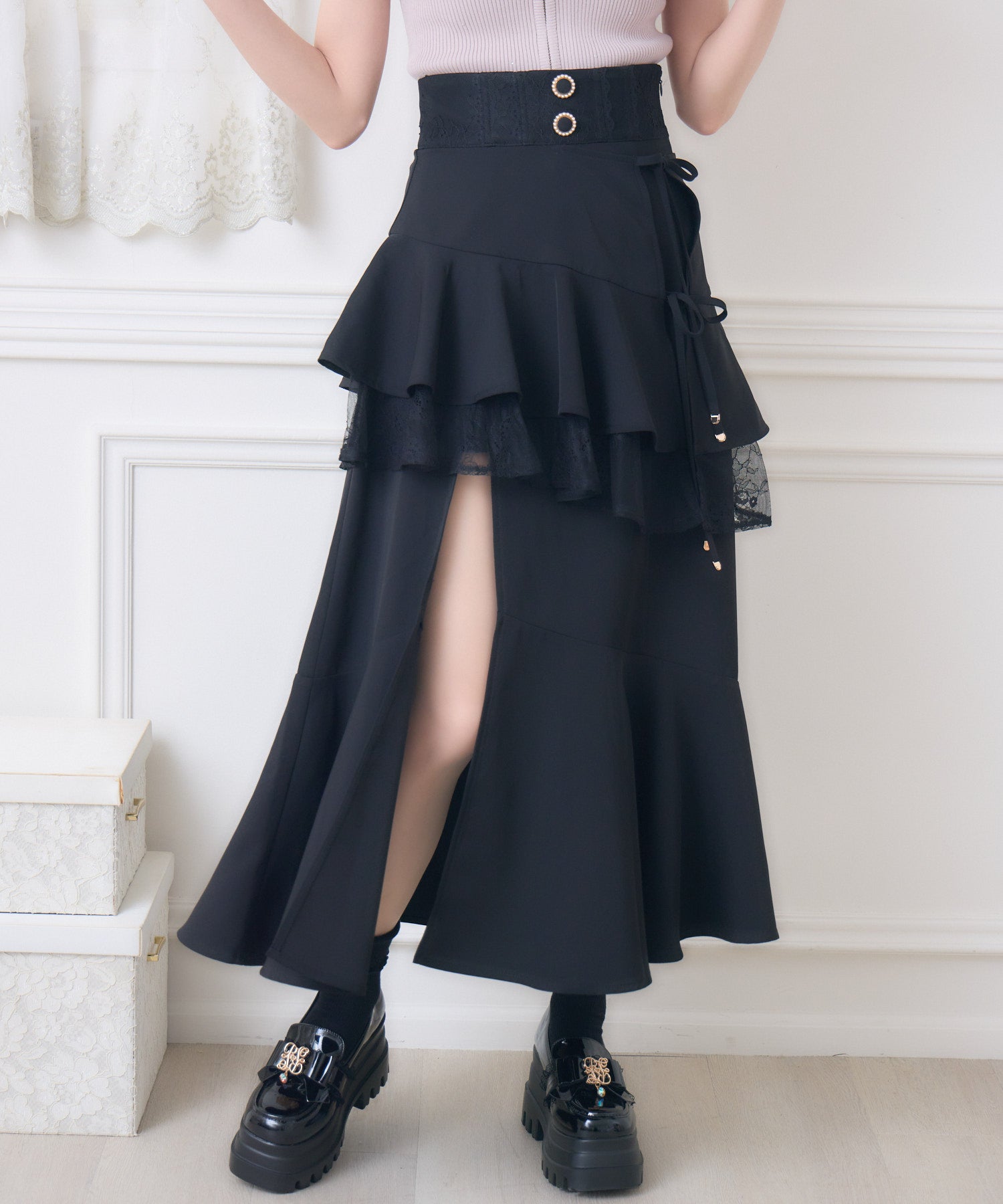 レースフリルスリットロングスカート | Rlab store