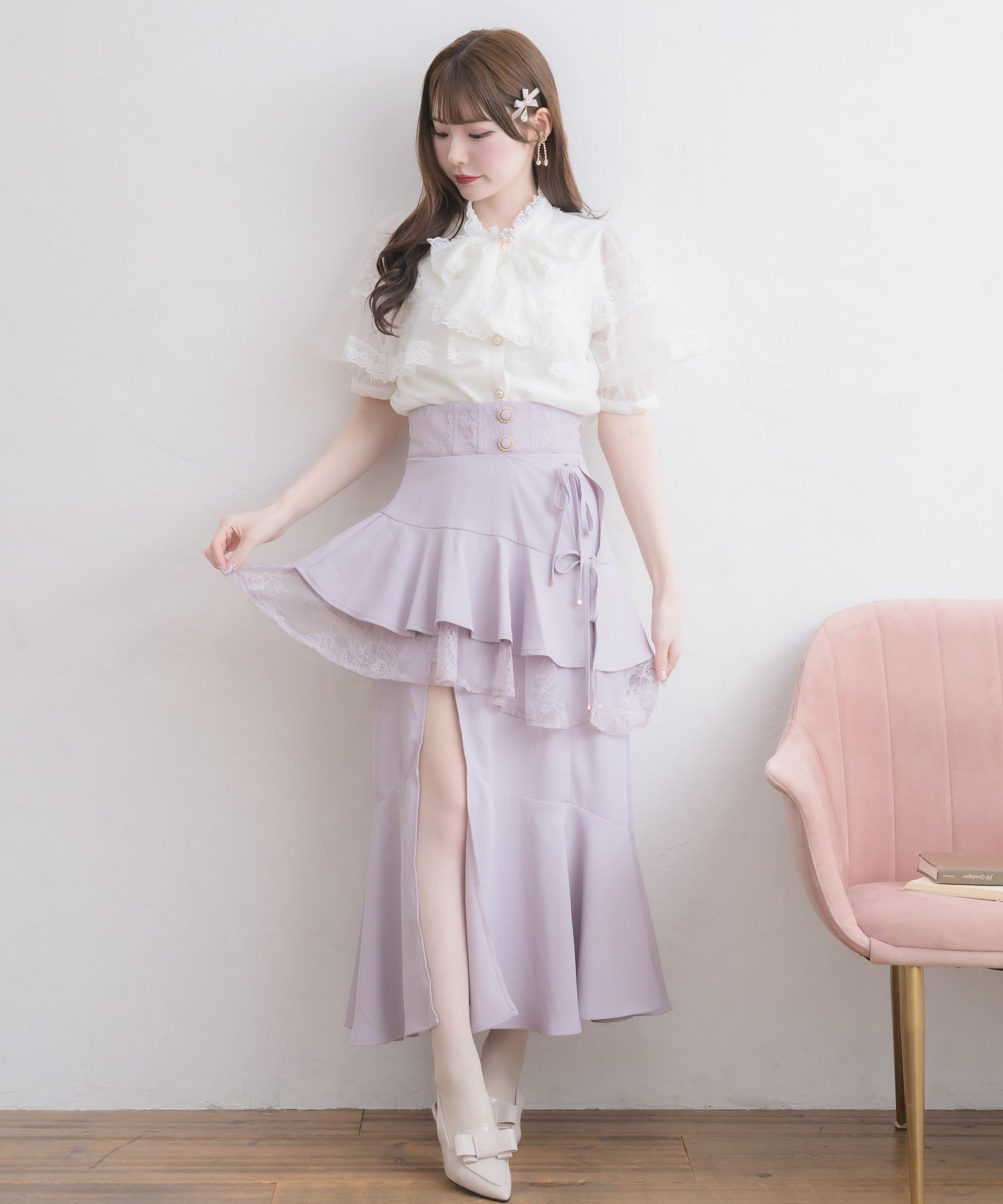 レースフリルスリットロングスカート | Rlab store
