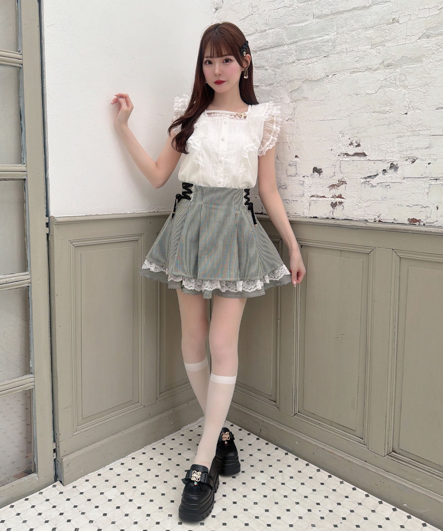 レースアップティアードスカパン　グレー レースアップ2段ティアードスカパン | Rlab store