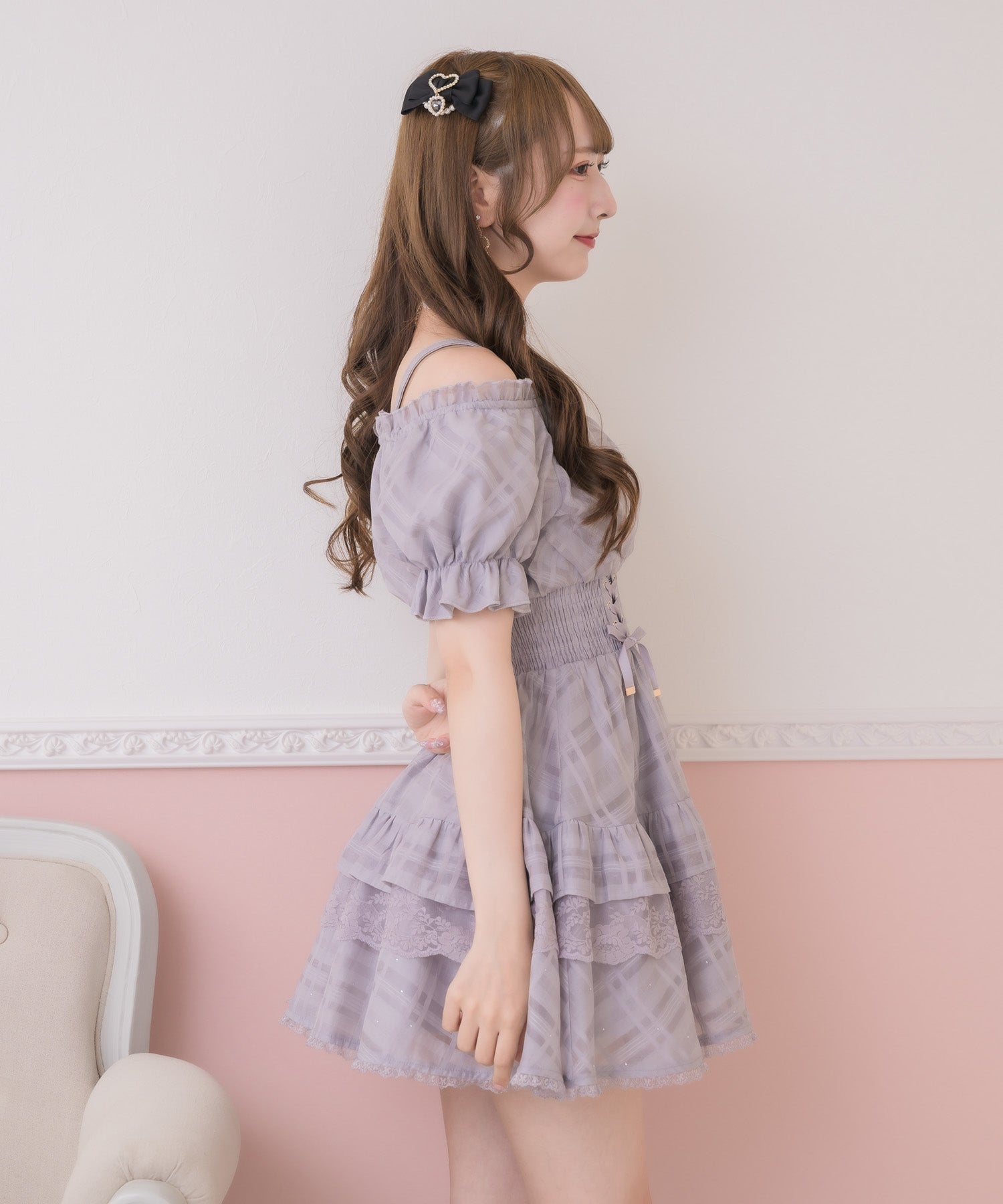 なぽんたRosary moon チェック柄オフショルミニワンピース シアーチェックオフショルミニワンピース | Rlab store