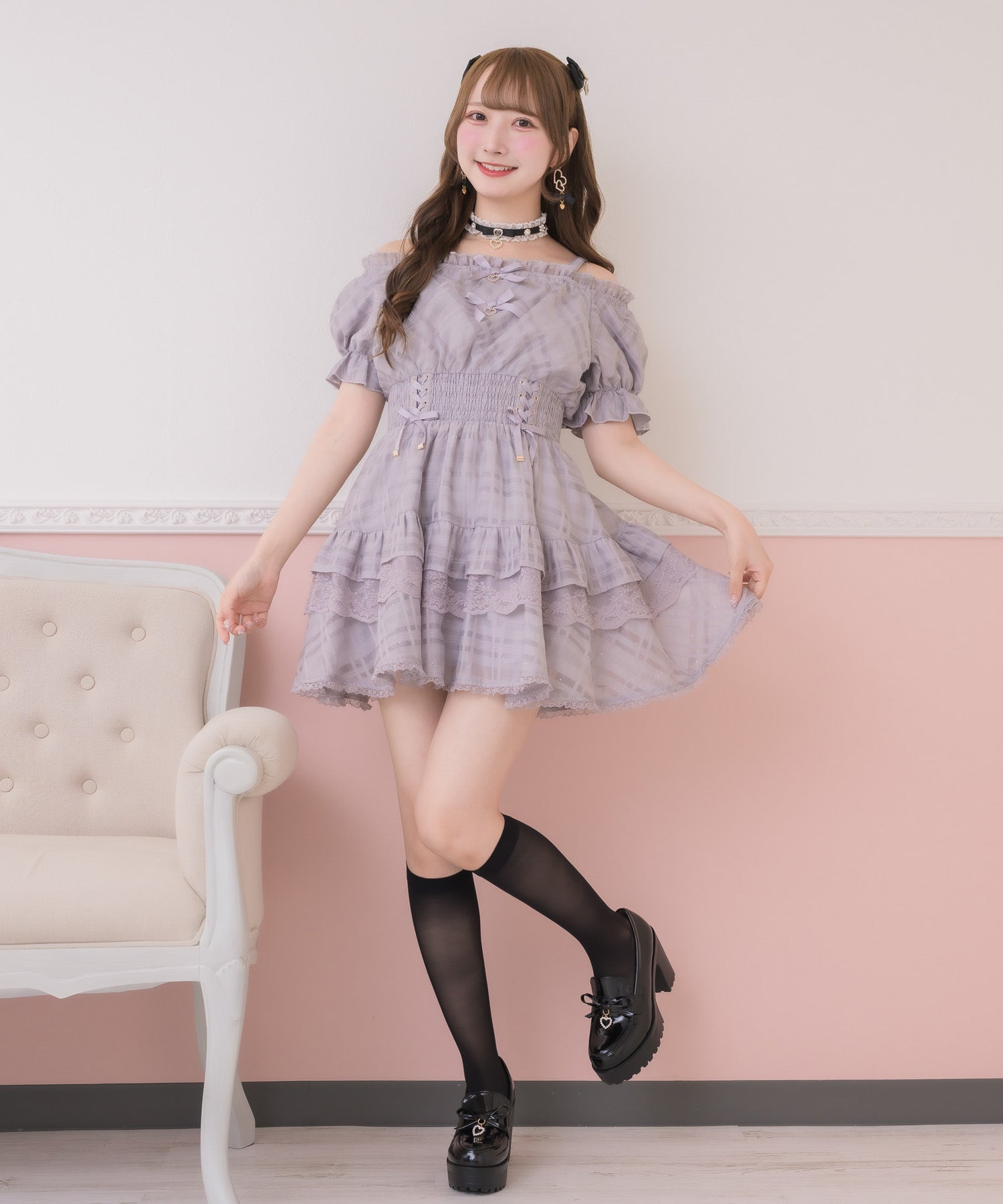 シアーチェックオフショルミニワンピース | Rlab store
