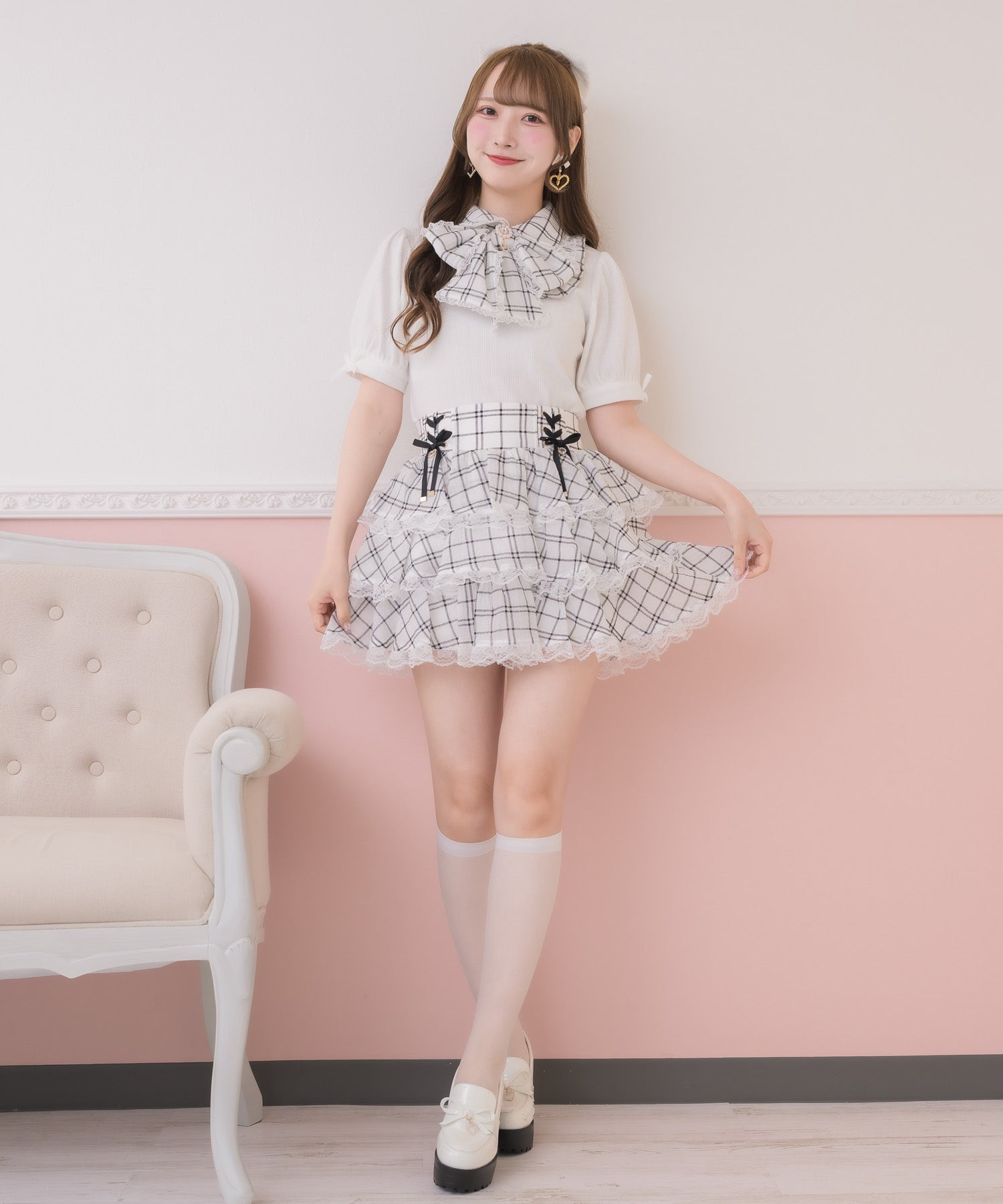 Her lip to チェック ボウタイ リボン パフスリーブ ワンピース 予約限定|SHOPPER PRESENT》ボウタイリボンドッキングトップス | Rlab