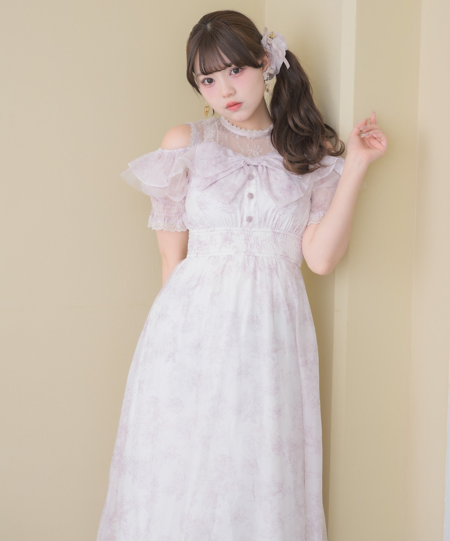 肩開きリボン花柄ロングワンピース | Rlab store