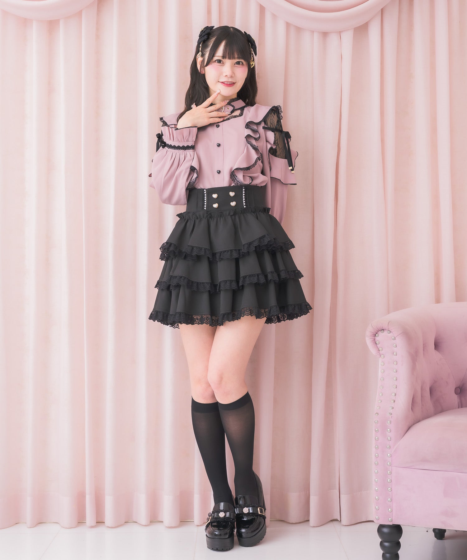MA＊RSSugar Gloss レースティアードスカート ブラック ピンク 3段レースティアードスカート | Rlab store